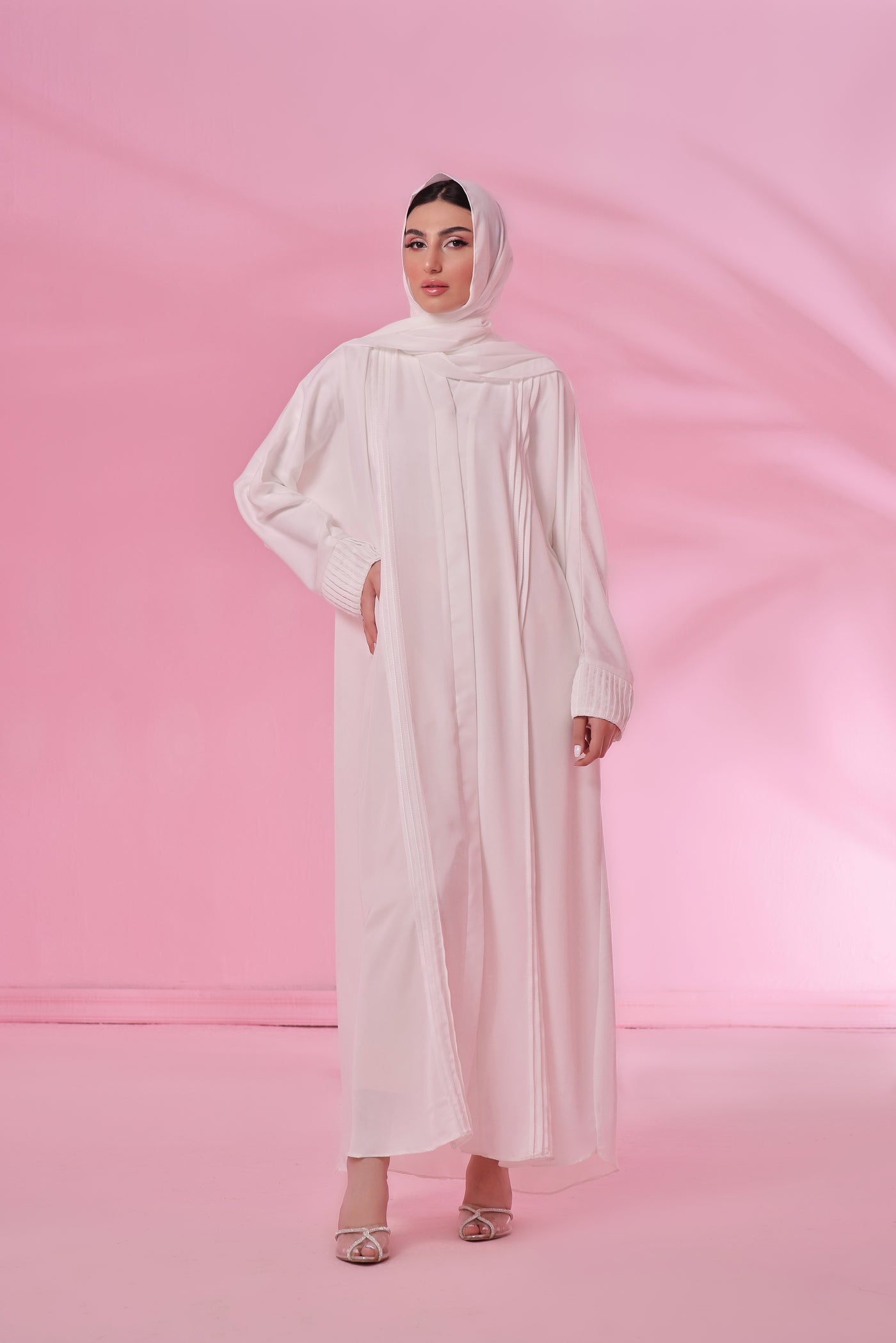 Front Open Pleated Abaya - Pearl White