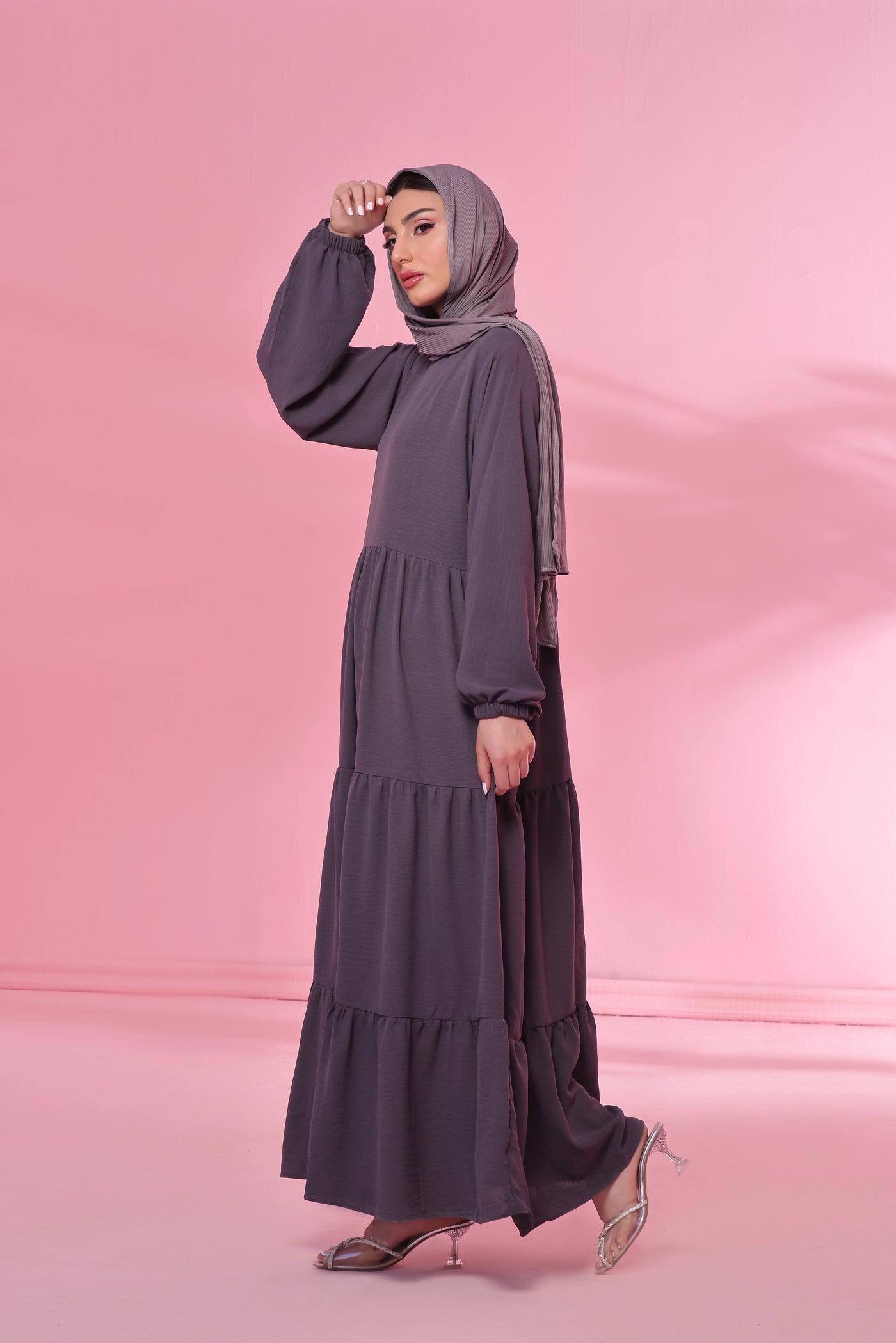 Textured Turkish 3 Tier Abaya - Magnetic Grey