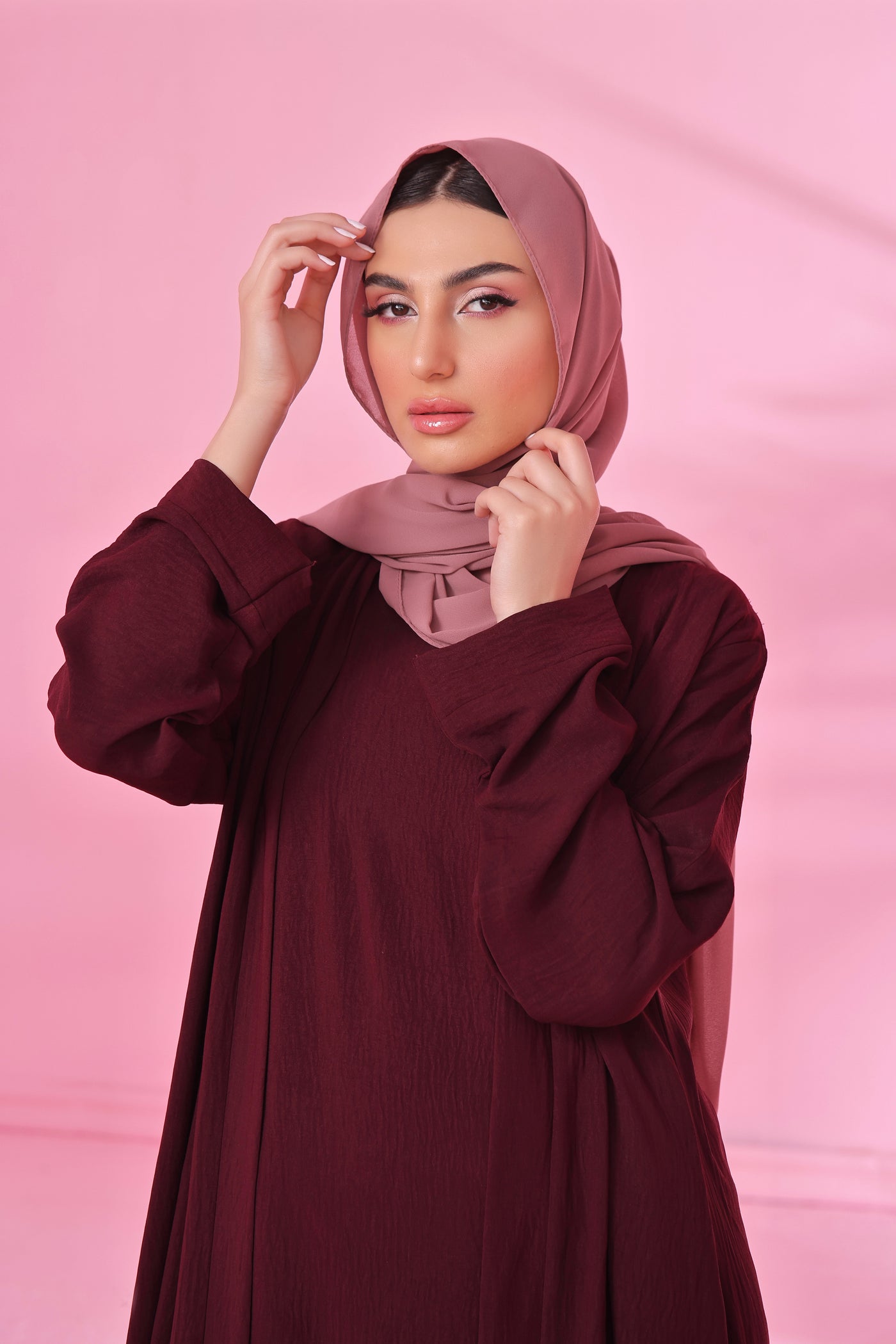 Textured Kimono Style Abaya - Burnt Maroon