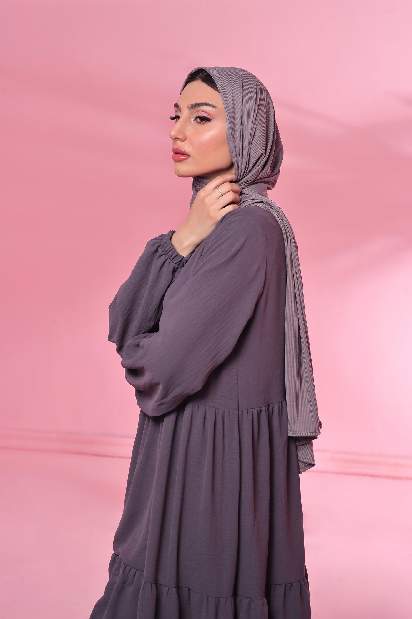 Textured Turkish 3 Tier Abaya - Magnetic Grey