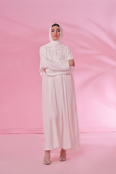 Front Open Pleated Abaya - Pearl White
