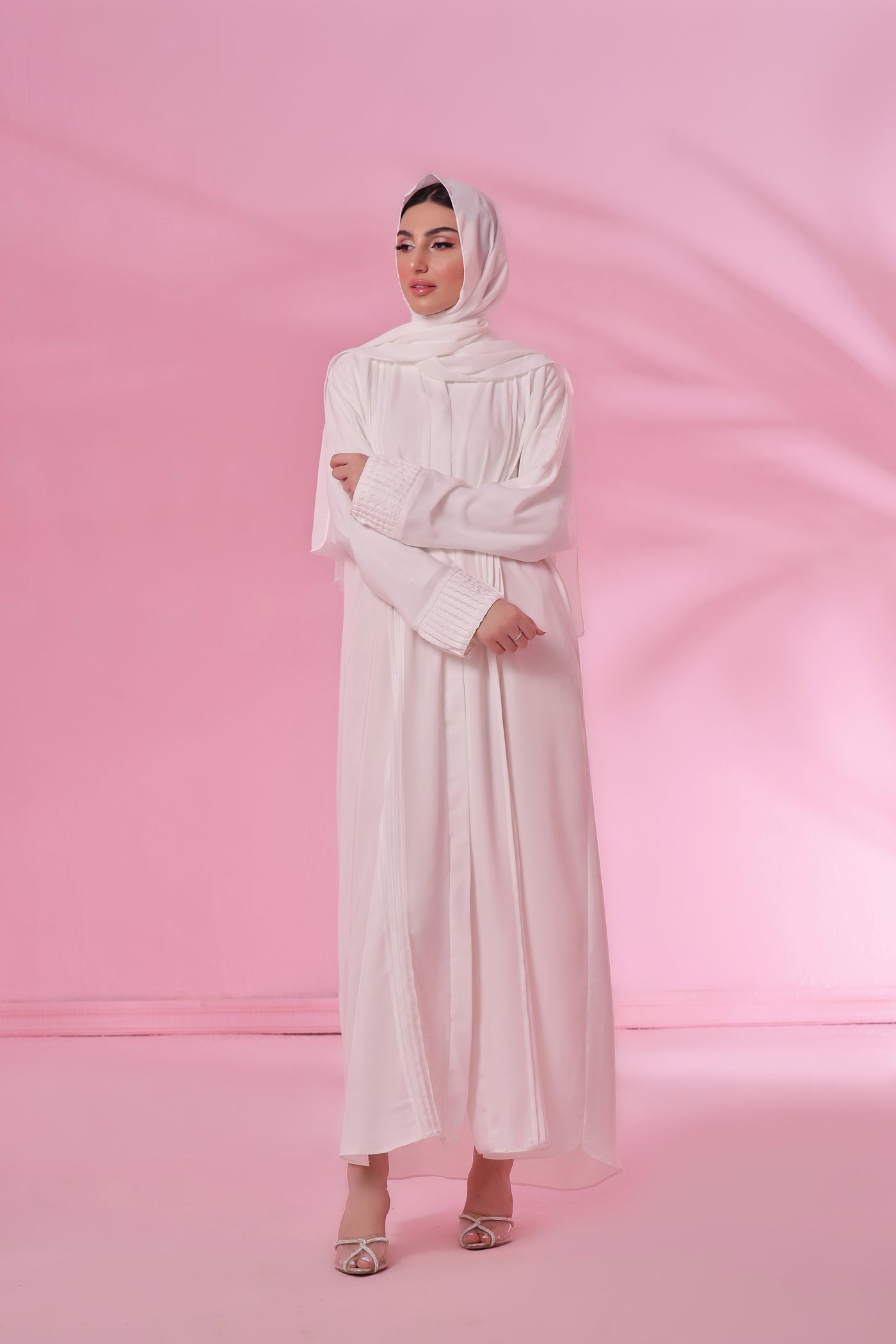 Front Open Pleated Abaya - Pearl White