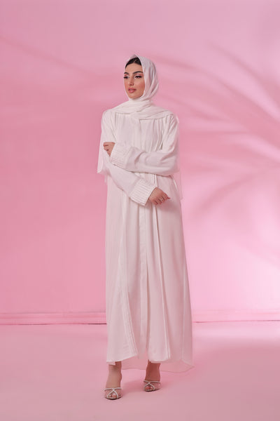 Front Open Pleated Abaya - Pearl White