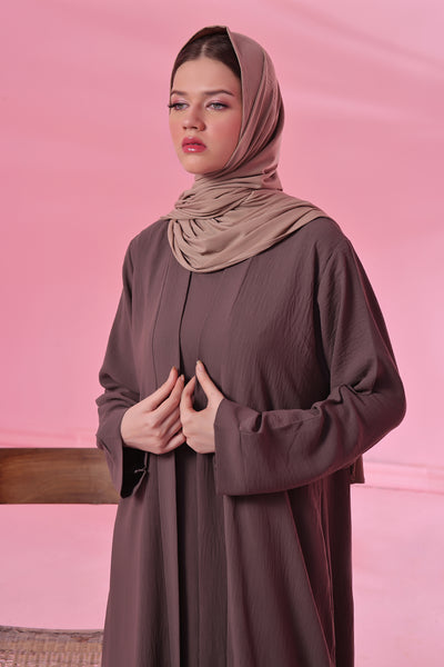 Textured Kimono Style Abaya - Chestnut Brown