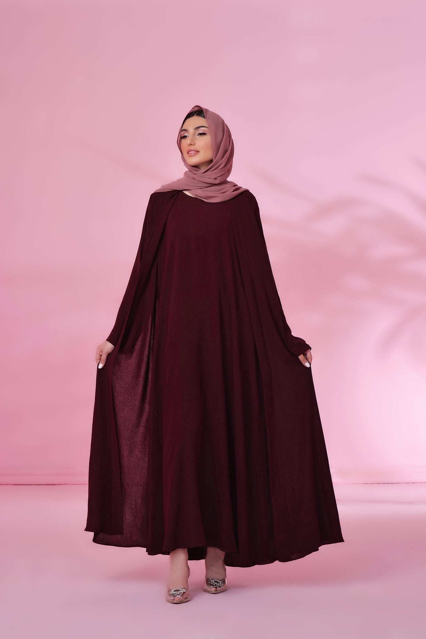 Textured Kimono Style Abaya - Burnt Maroon