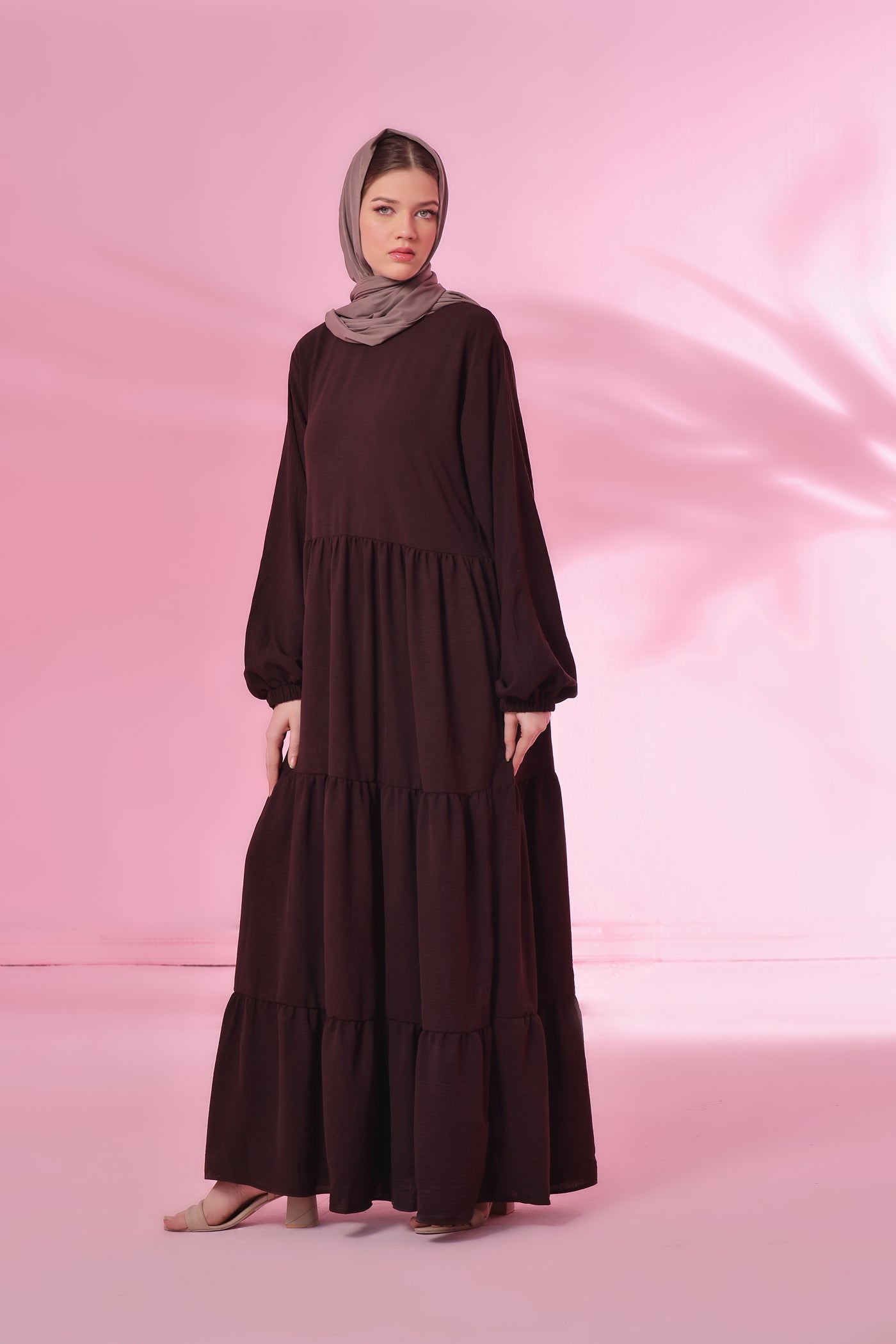 Textured Turkish 3 Tier Abaya - Dark Brown