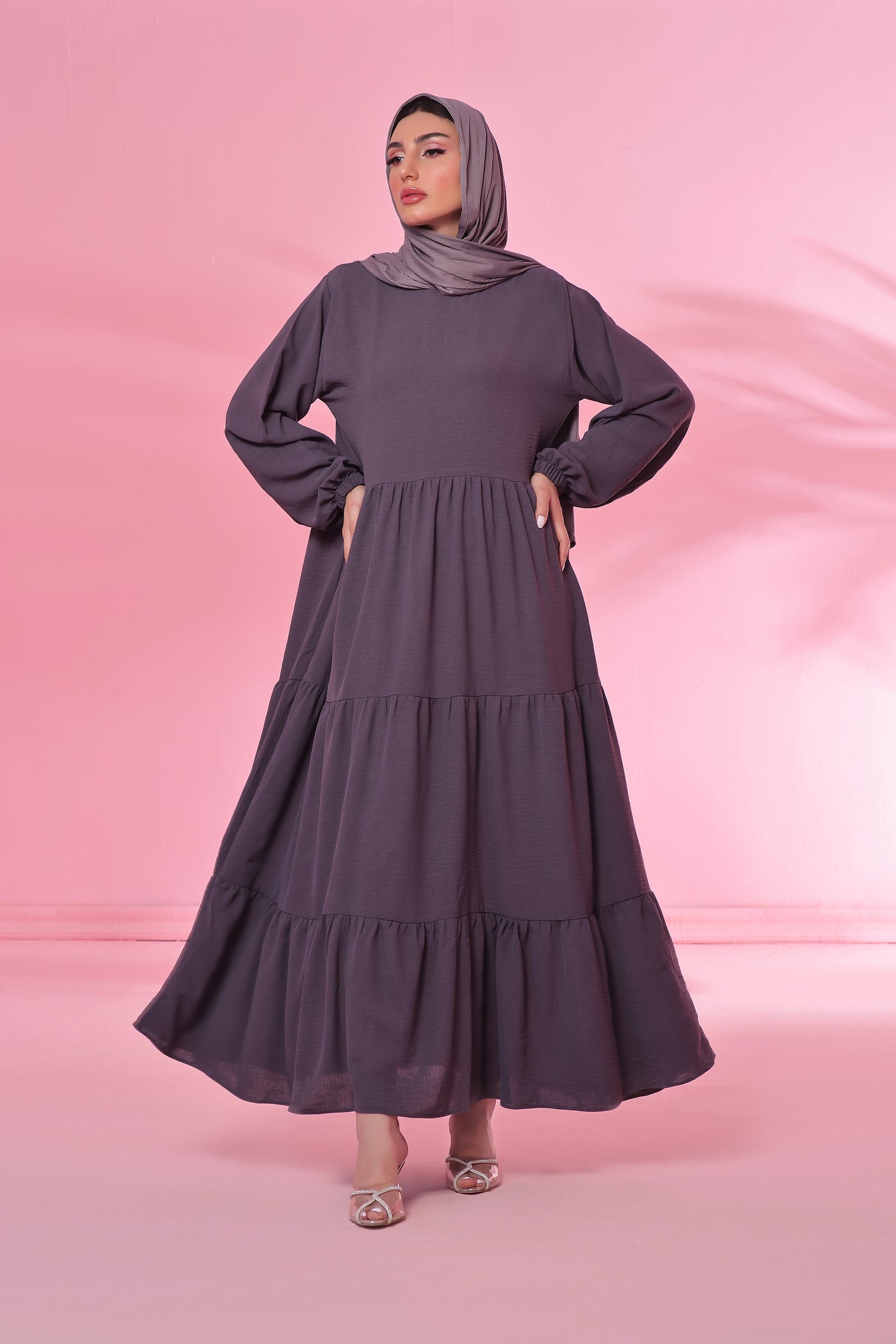 Textured Turkish 3 Tier Abaya - Magnetic Grey