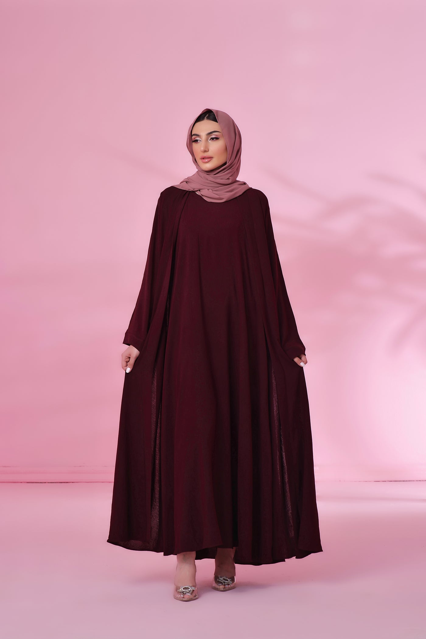 Textured Kimono Style Abaya - Burnt Maroon