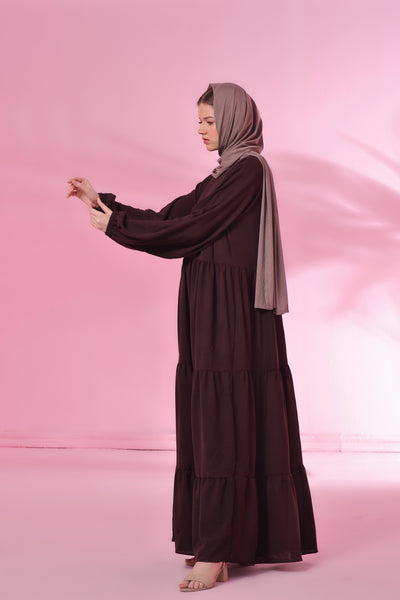 Textured Turkish 3 Tier Abaya - Dark Brown