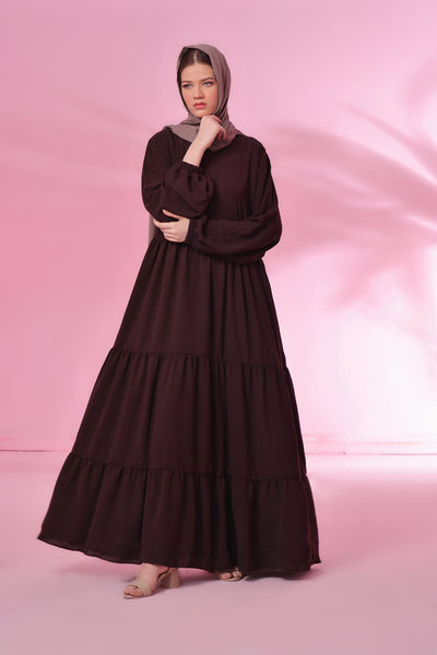 Textured Turkish 3 Tier Abaya - Dark Brown