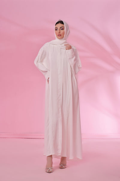 Front Open Pleated Abaya - Pearl White