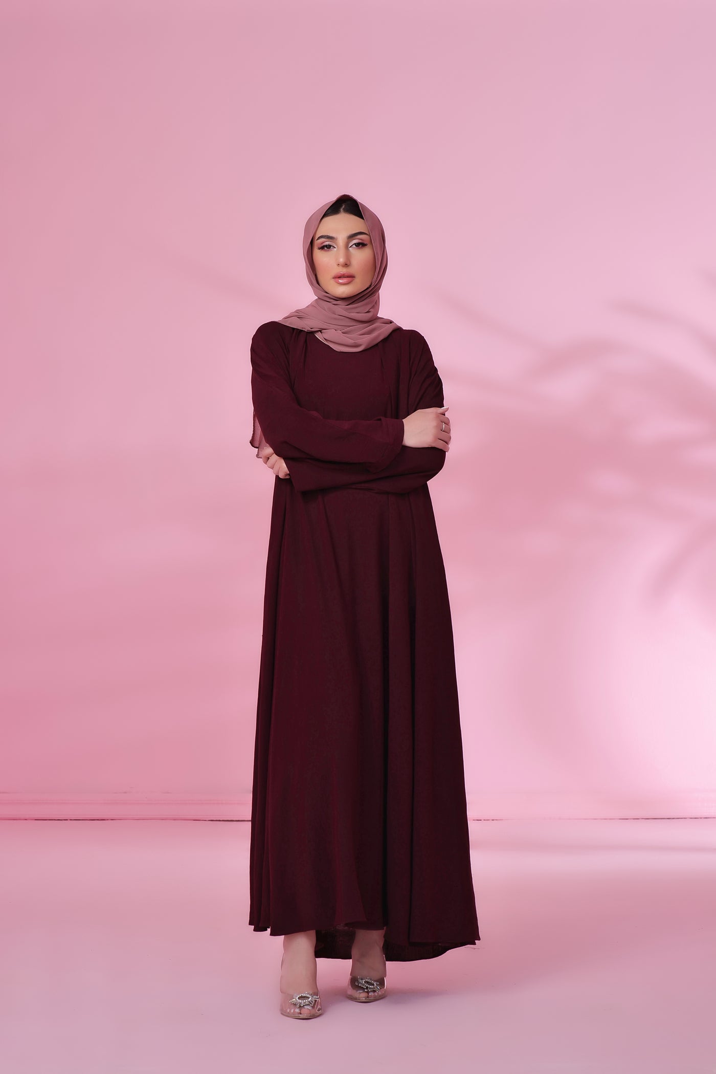 Textured Kimono Style Abaya - Burnt Maroon